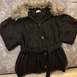 Loft Black Knit Cardigan with Faux Fur Collar